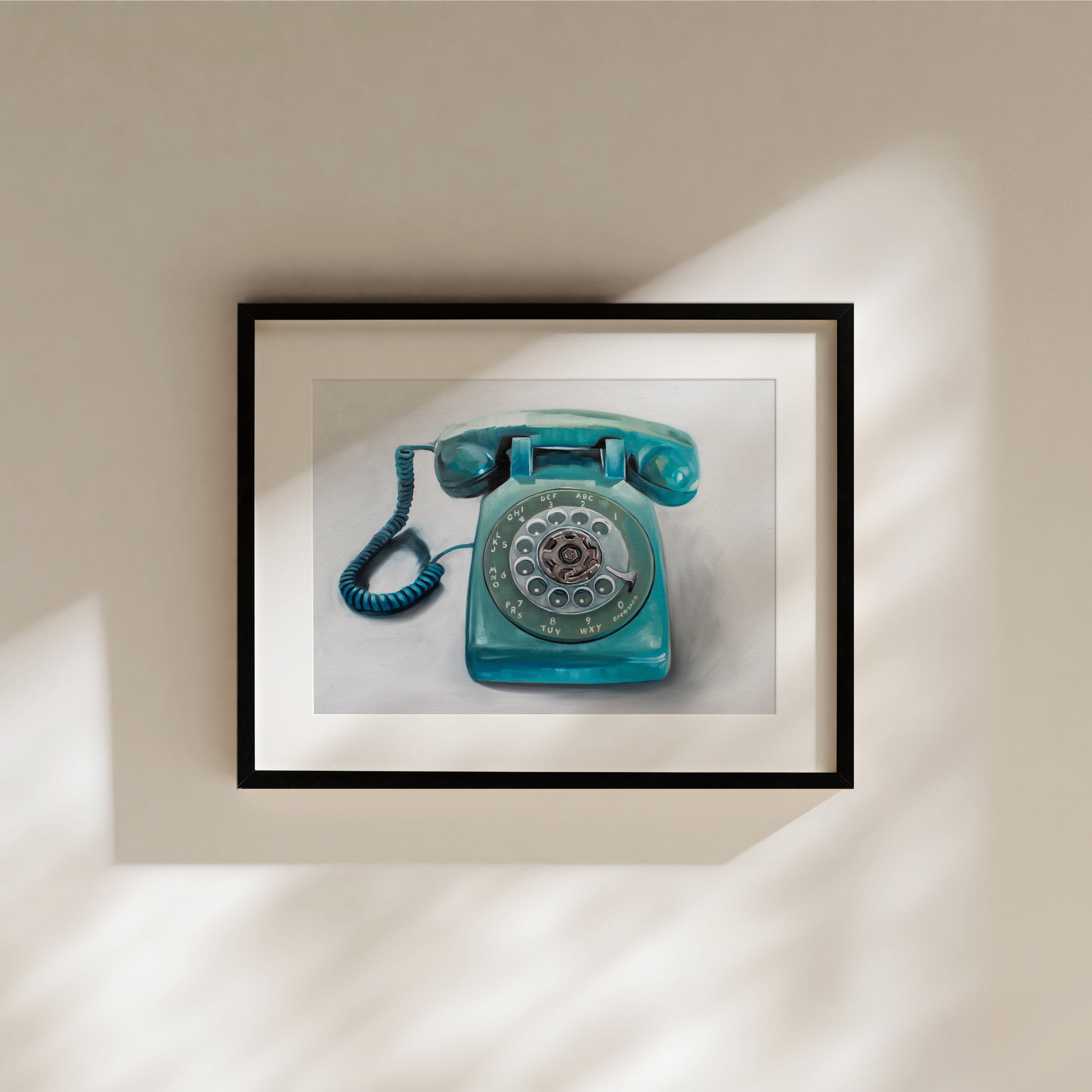 This artwork features a retro aqua rotary phone with loose painterly strokes on a white background.