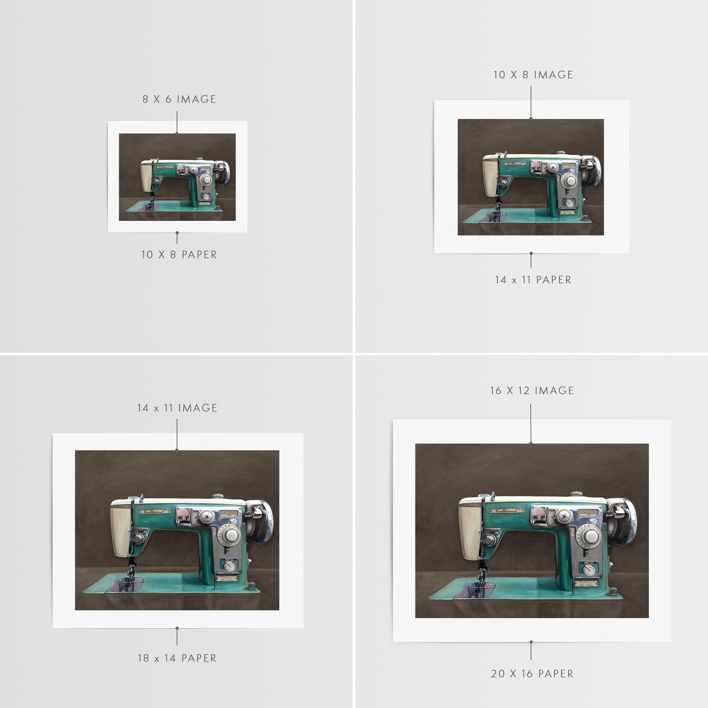 This artwork features a Wizard vintage turquoise sewing machine with a dark grey background with brown undertones.