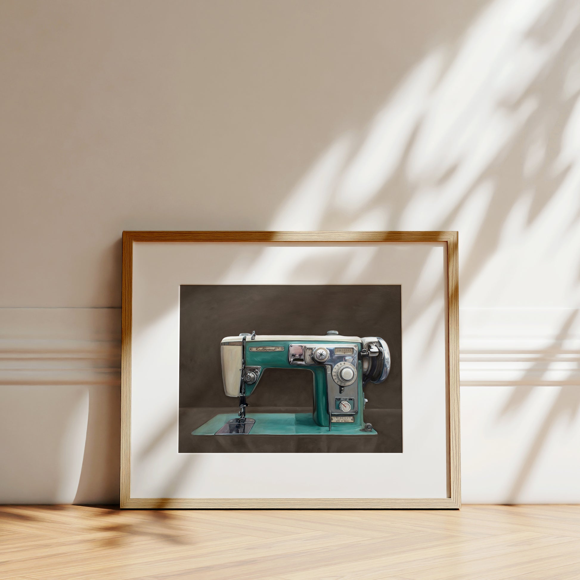 This artwork features a Wizard vintage turquoise sewing machine with a dark grey background with brown undertones.