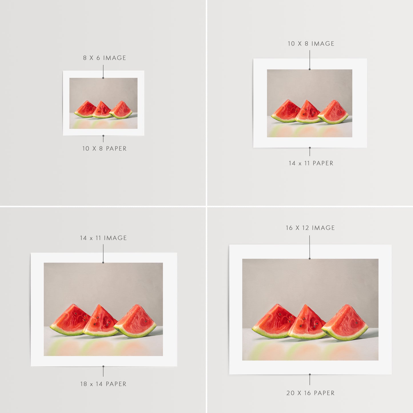 This artwork features a freshly sliced trio of watermelon wedges lined up on a reflective surface with some nice dramatic lighting.