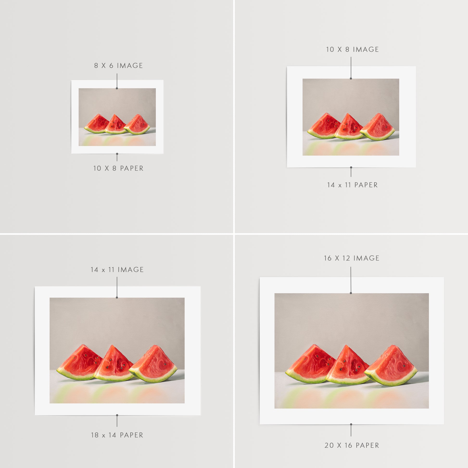 This artwork features a freshly sliced trio of watermelon wedges lined up on a reflective surface with some nice dramatic lighting.
