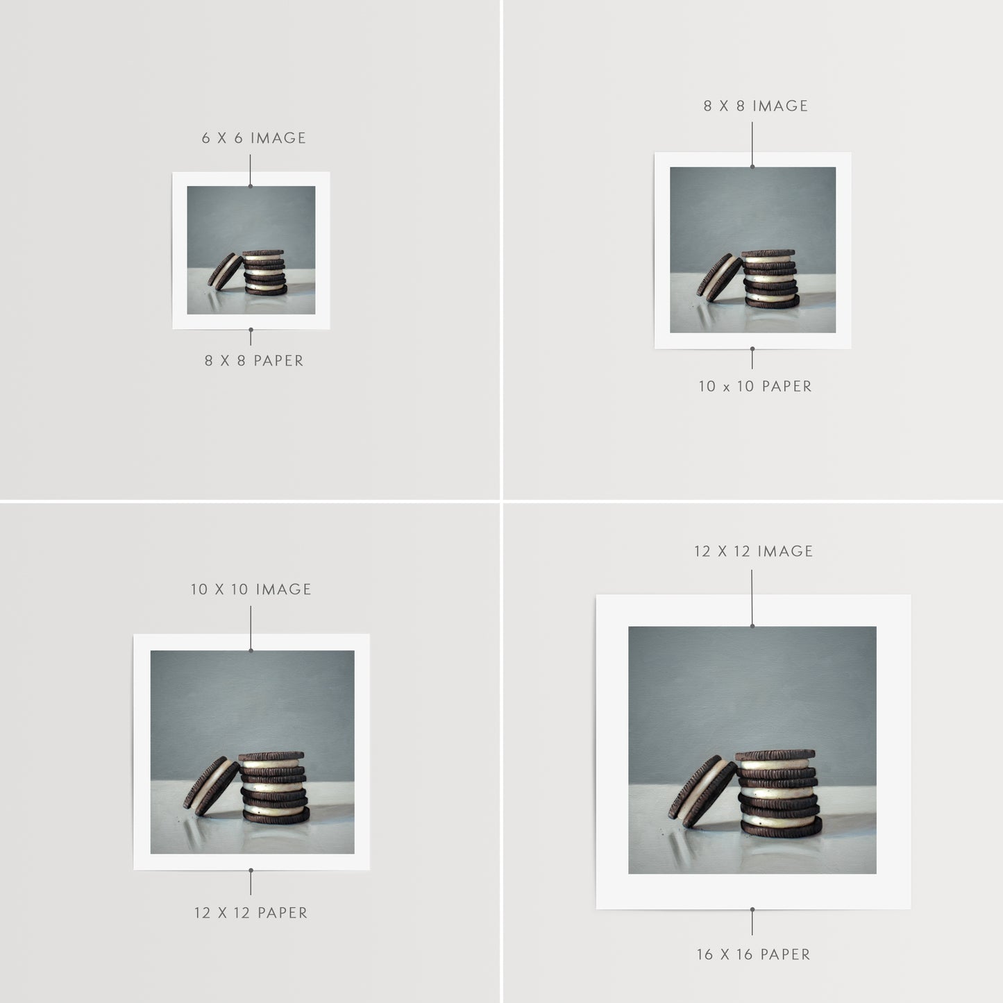 This artwork features a trio of Oreos on a light, reflective surface with dramatic lighting and cast shadows.