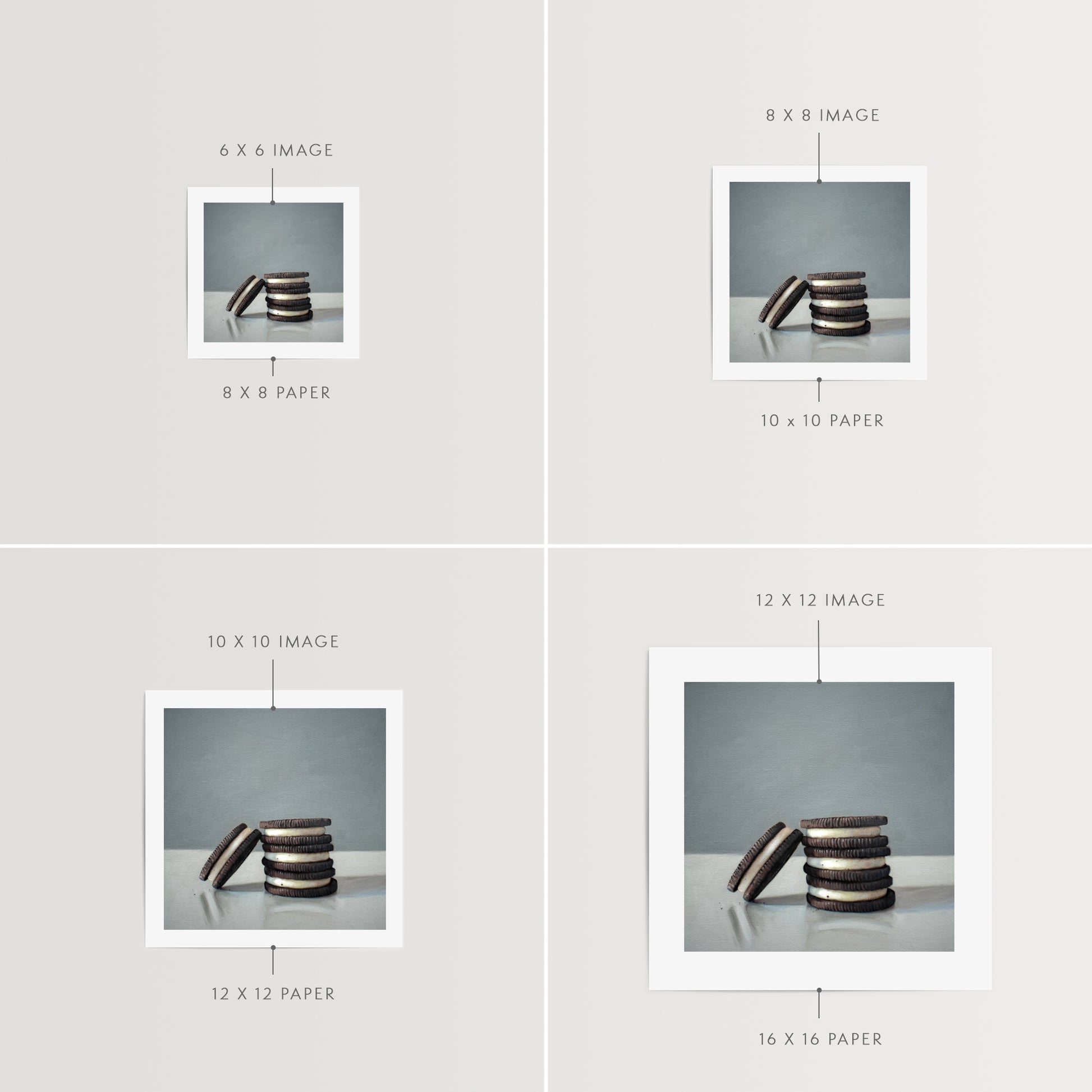 This artwork features a trio of Oreos on a light, reflective surface with dramatic lighting and cast shadows.