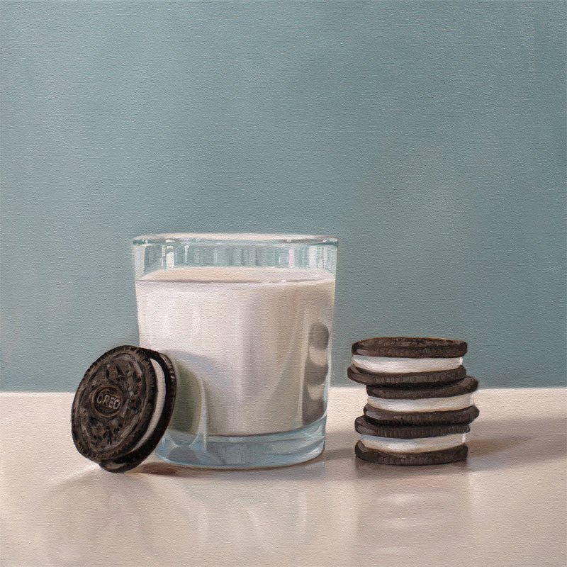 This artwork features a glass of milk paired with a nice stack of Oreo cookies.