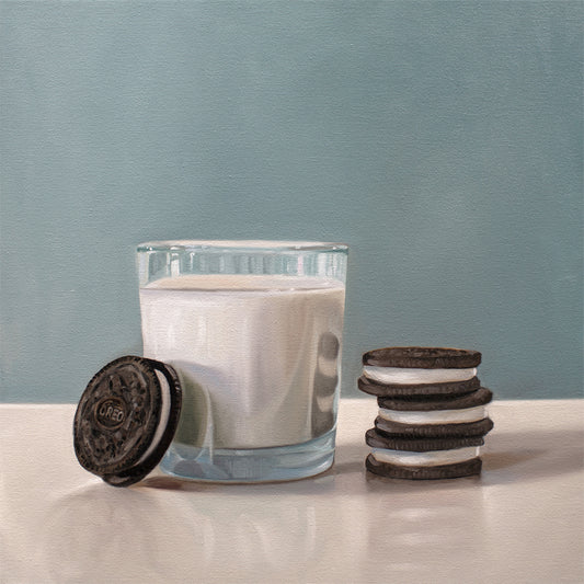 This artwork features a glass of milk paired with a nice stack of Oreo cookies.