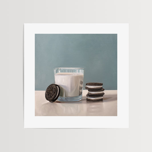 This artwork features a glass of milk paired with a nice stack of Oreo cookies.