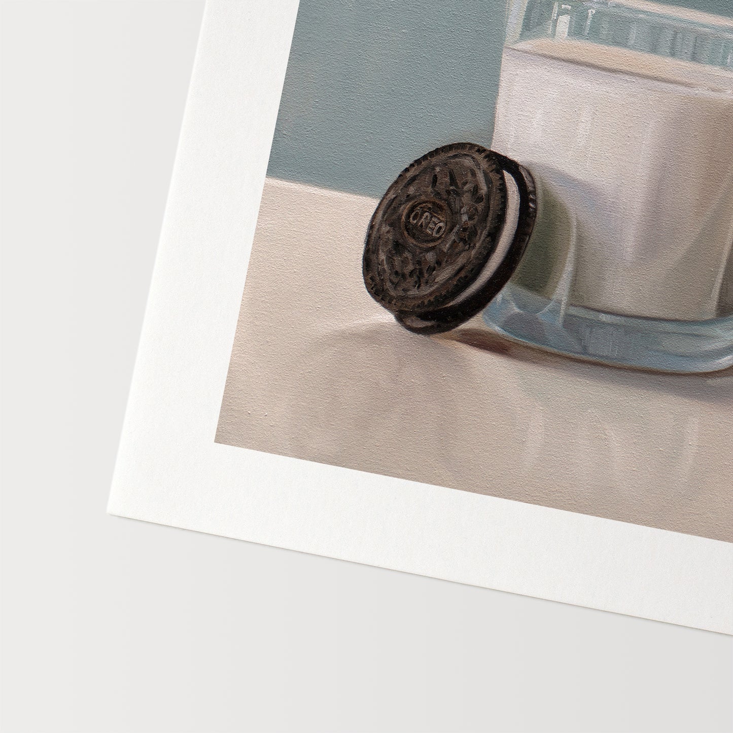 This artwork features a glass of milk paired with a nice stack of Oreo cookies.
