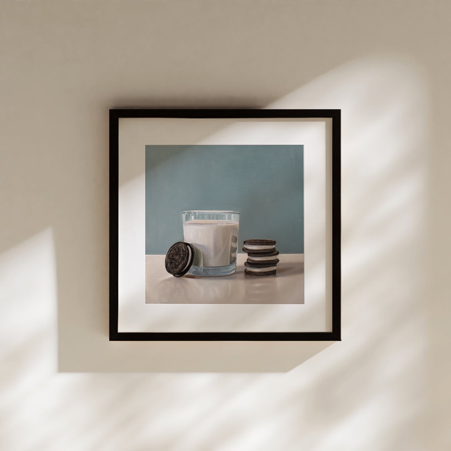 This artwork features a glass of milk paired with a nice stack of Oreo cookies.
