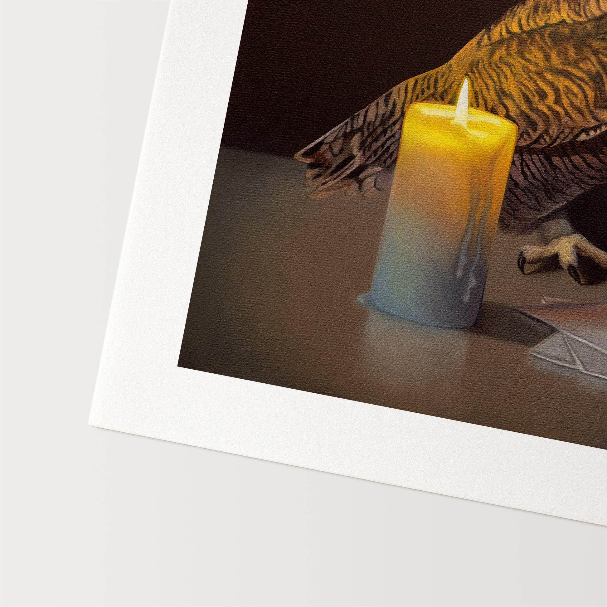 This artwork features a Great Horned Owl standing next to a candle-lit trio of letters with a dark and moody background.