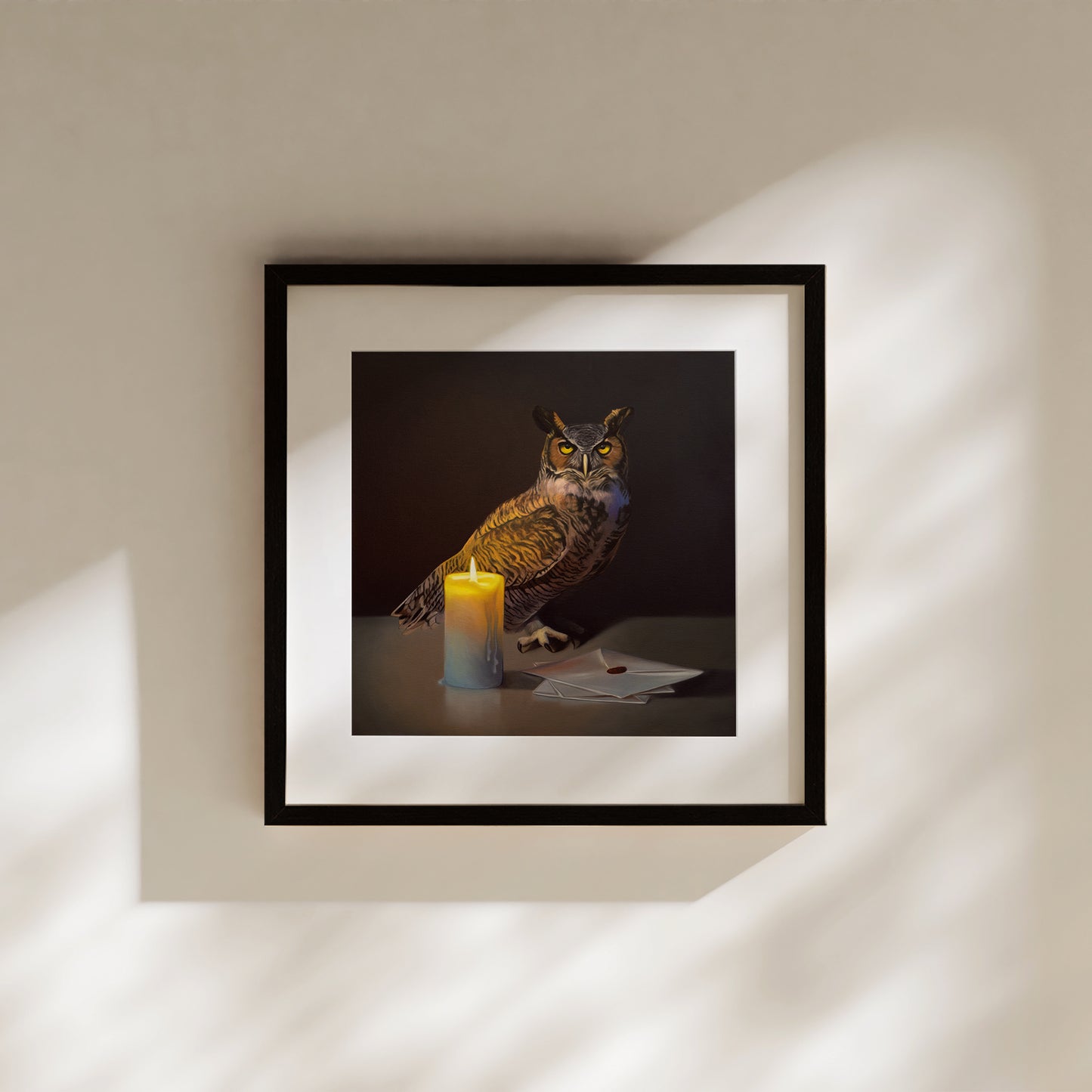 This artwork features a Great Horned Owl standing next to a candle-lit trio of letters with a dark and moody background.