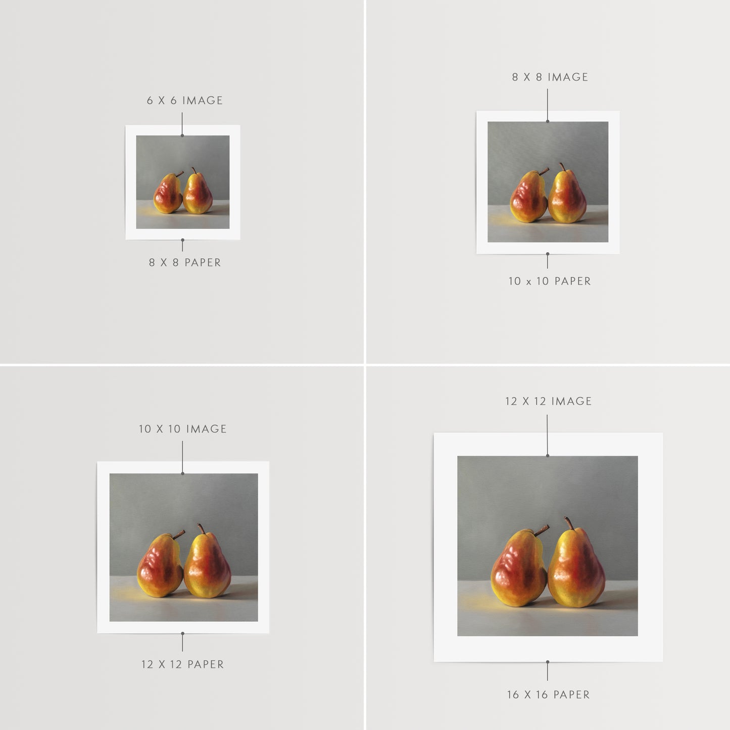 This artwork features two pears strategically placed next to one another and seemingly having a tender moment.