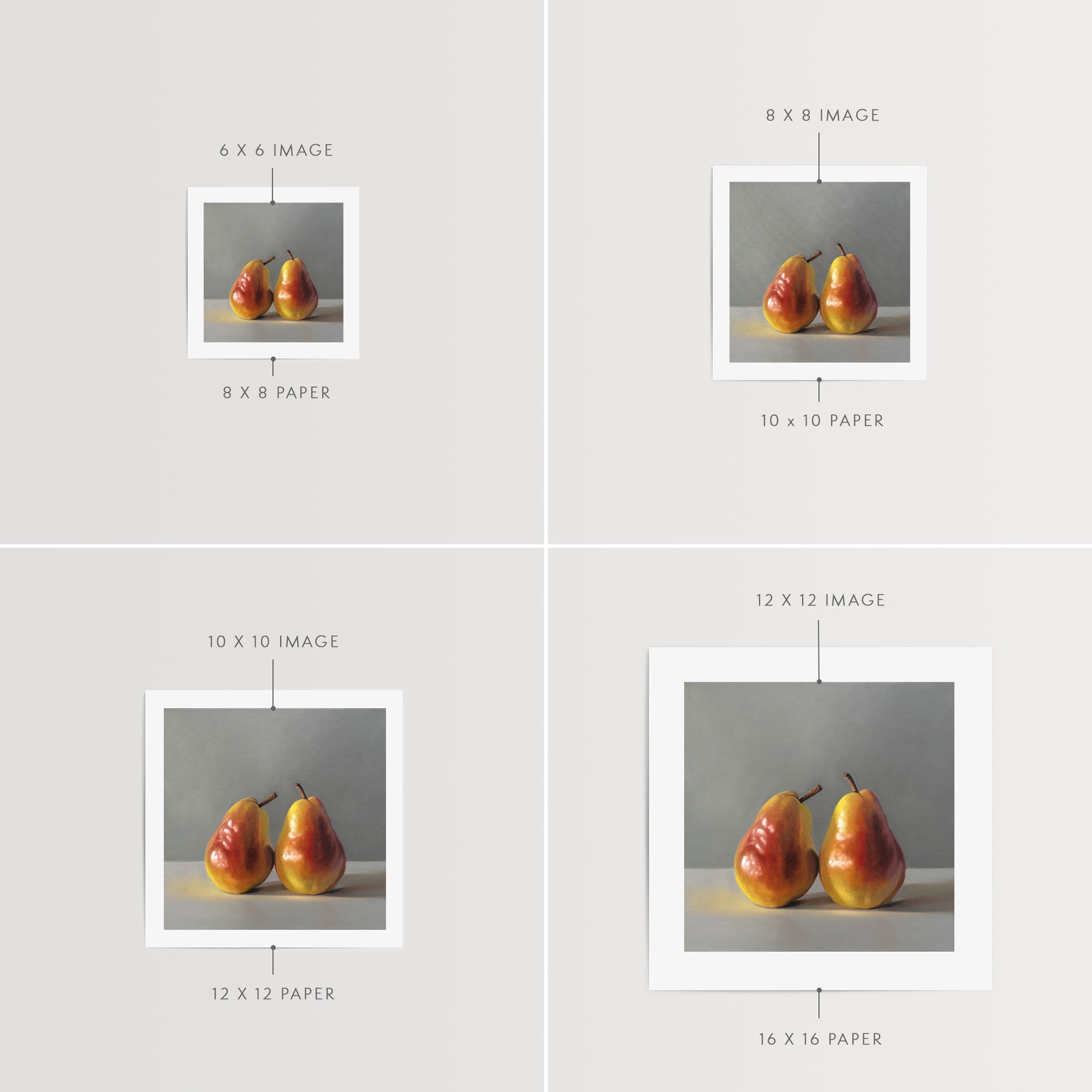 This artwork features two pears strategically placed next to one another and seemingly having a tender moment.