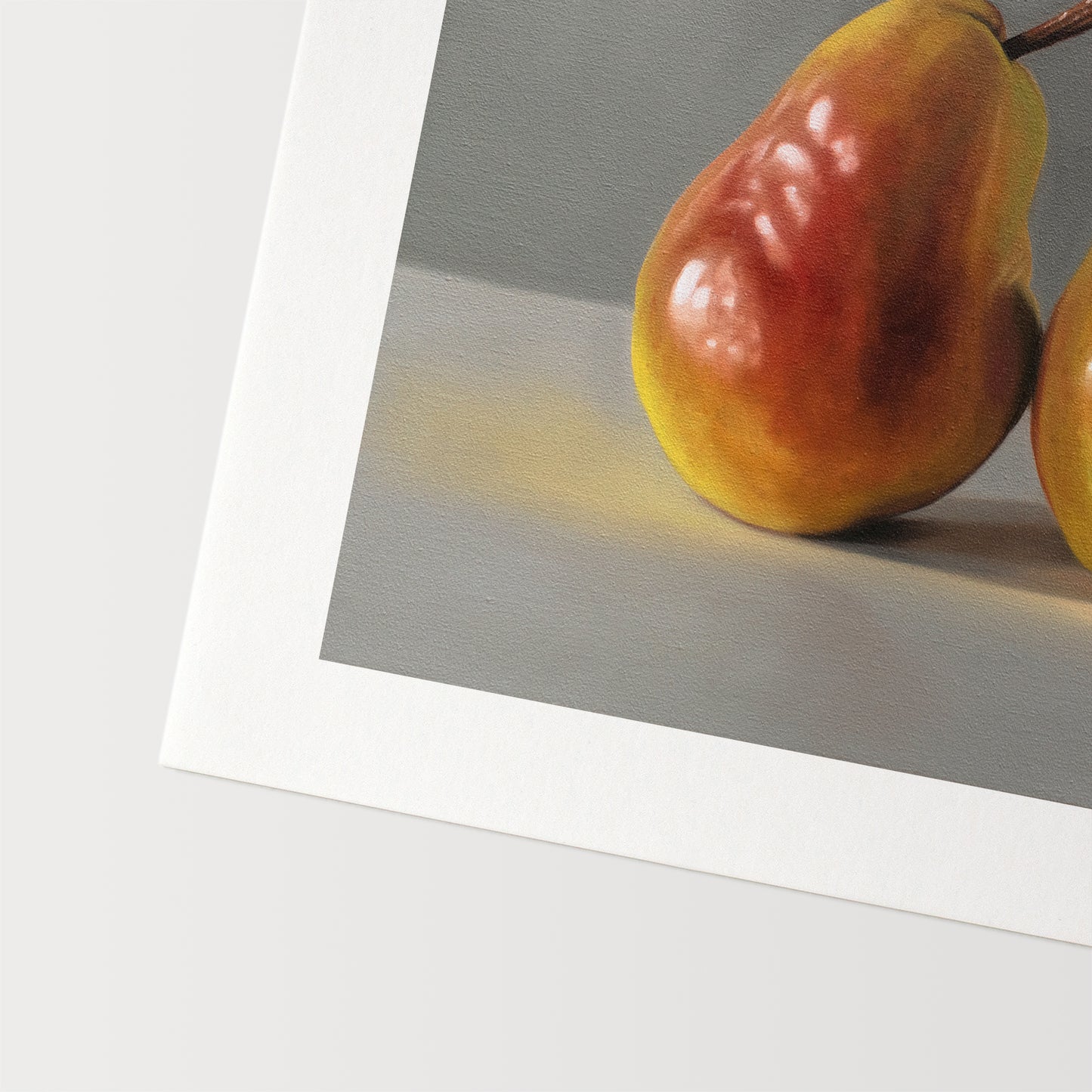 This artwork features two pears strategically placed next to one another and seemingly having a tender moment.