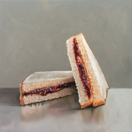 This artwork features loaded peanut butter and jelly sandwich, ready for eating!