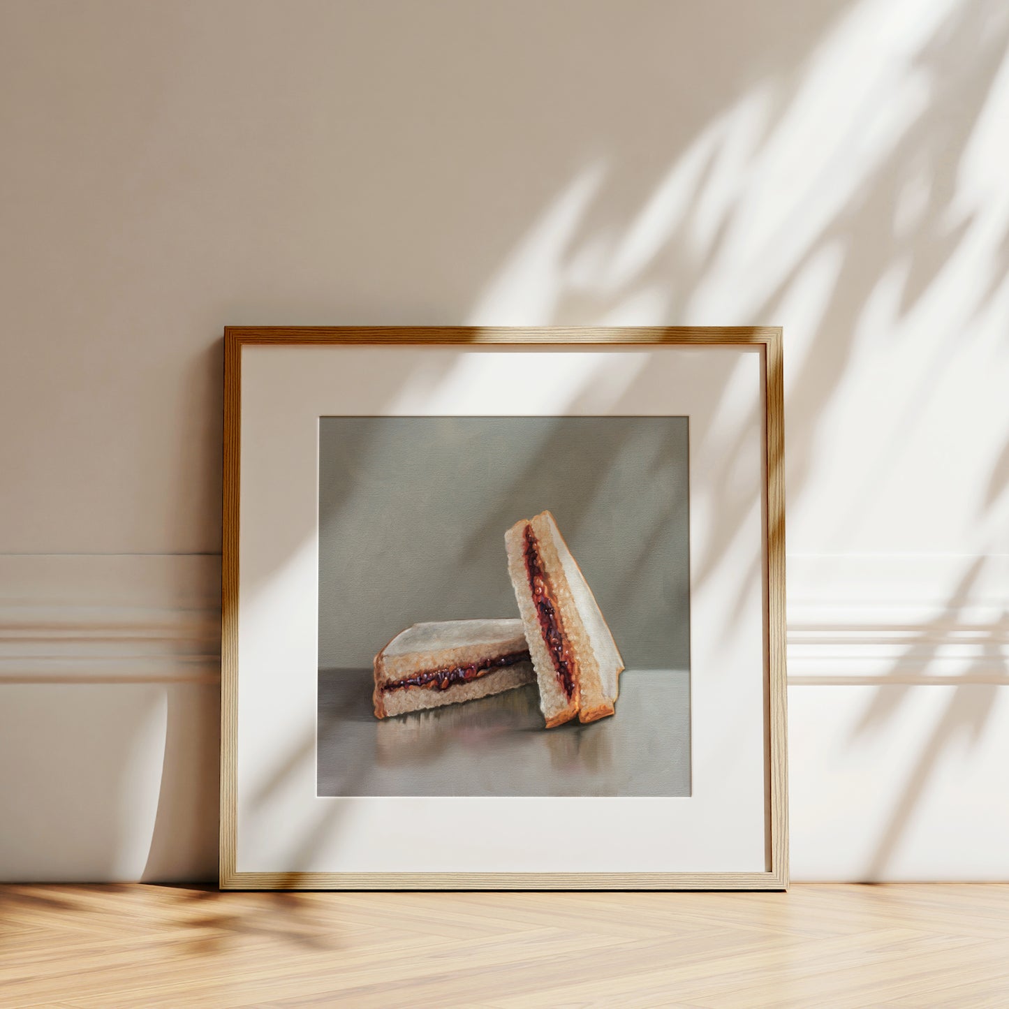 This artwork features loaded peanut butter and jelly sandwich, ready for eating!