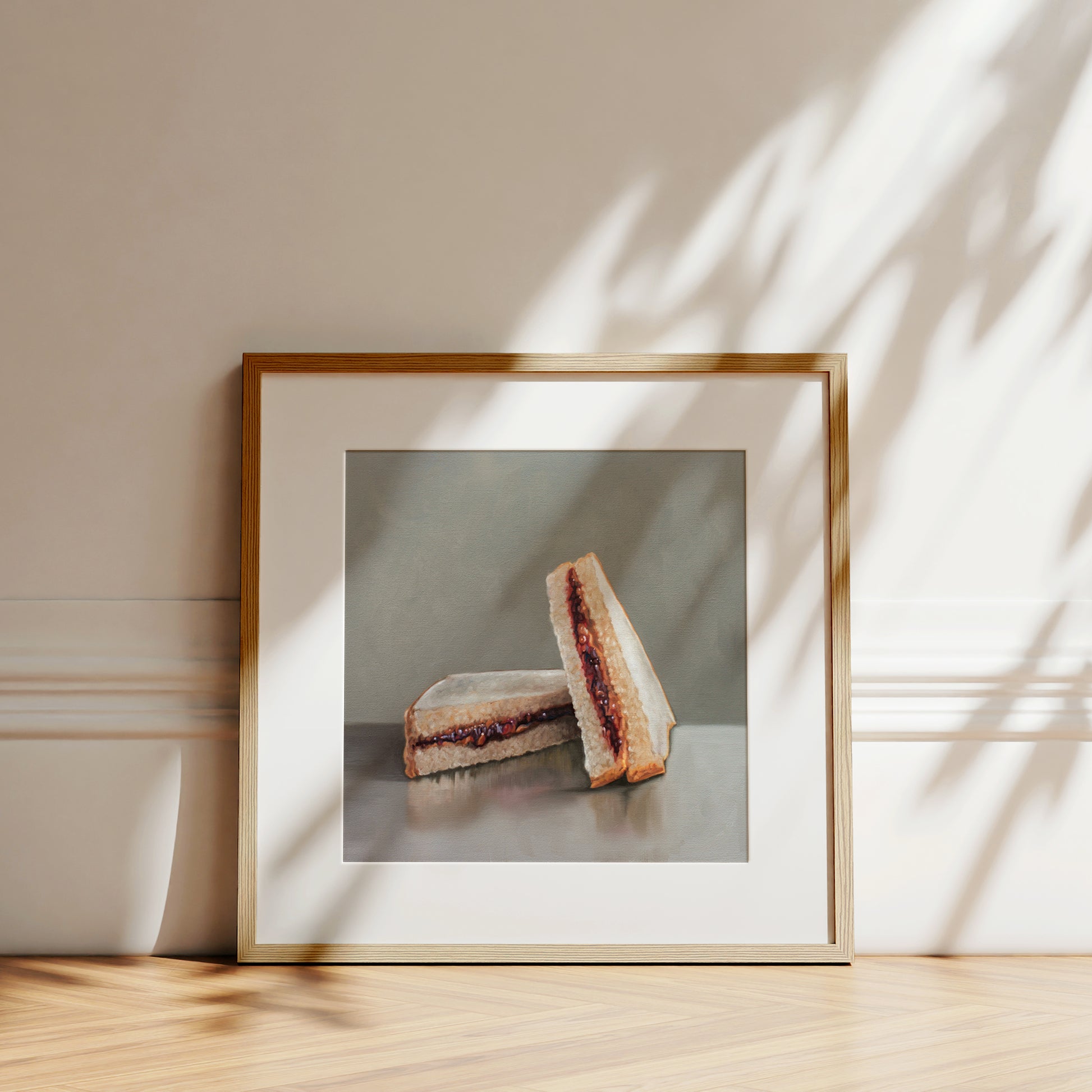 This artwork features loaded peanut butter and jelly sandwich, ready for eating!