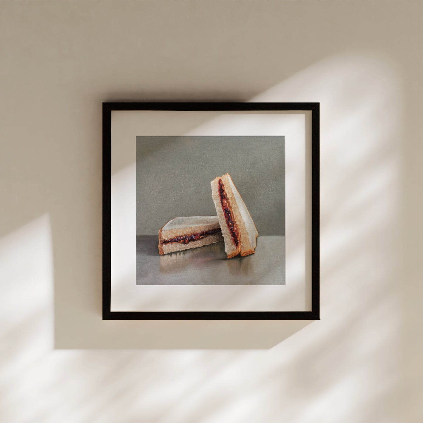 This artwork features loaded peanut butter and jelly sandwich, ready for eating!