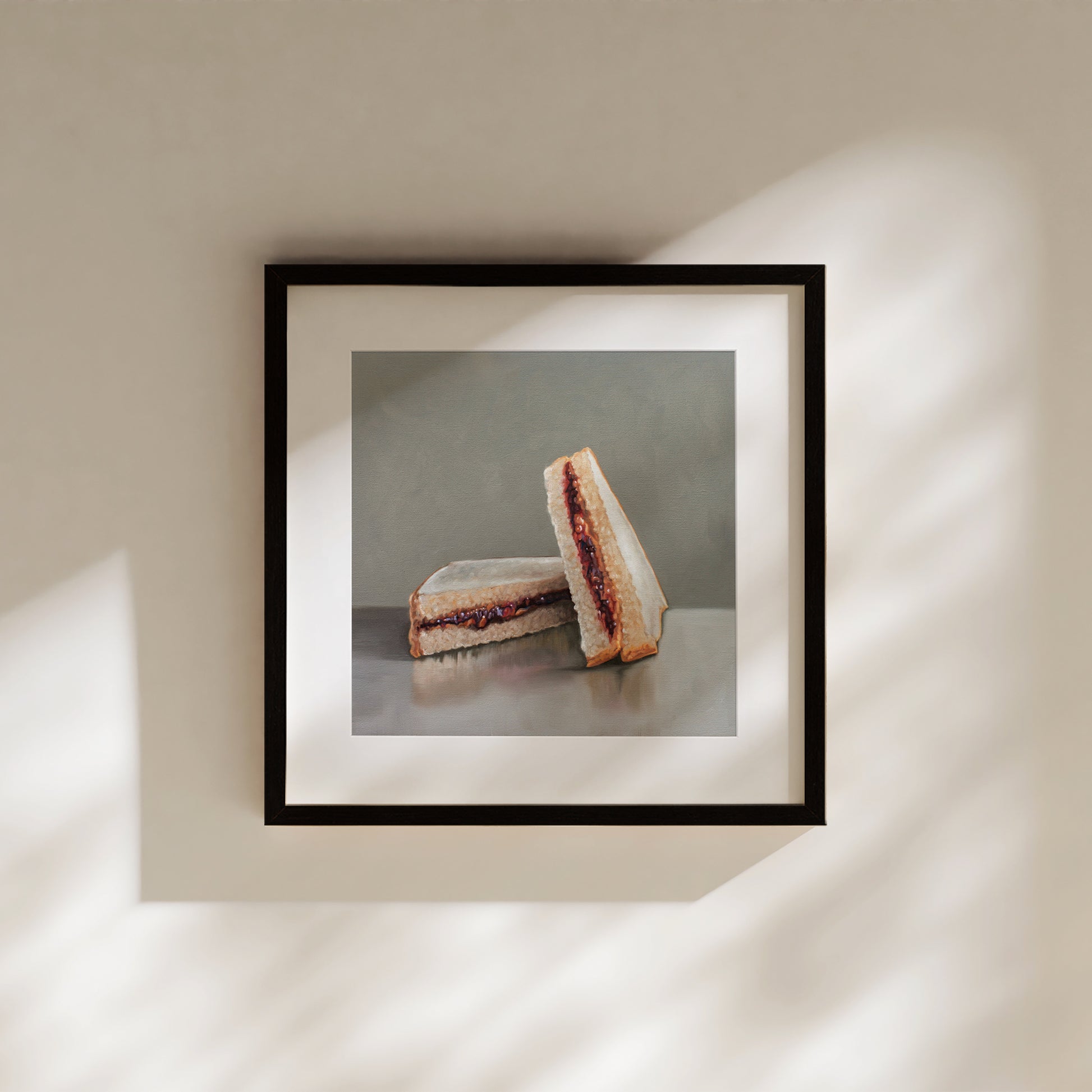 This artwork features loaded peanut butter and jelly sandwich, ready for eating!