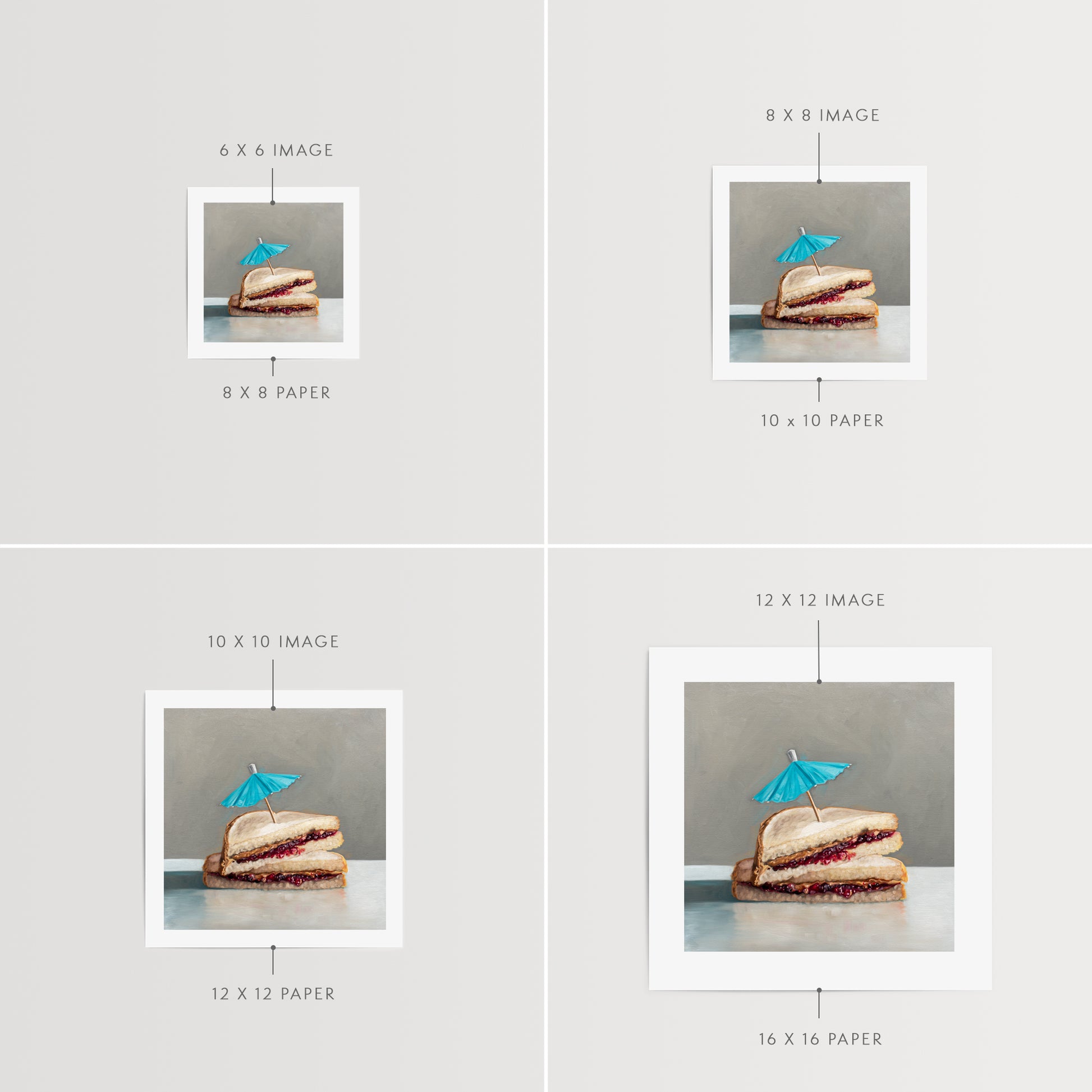 This artwork features a classic peanut butter and jelly sandwich basking under the shade of a cocktail umbrella.