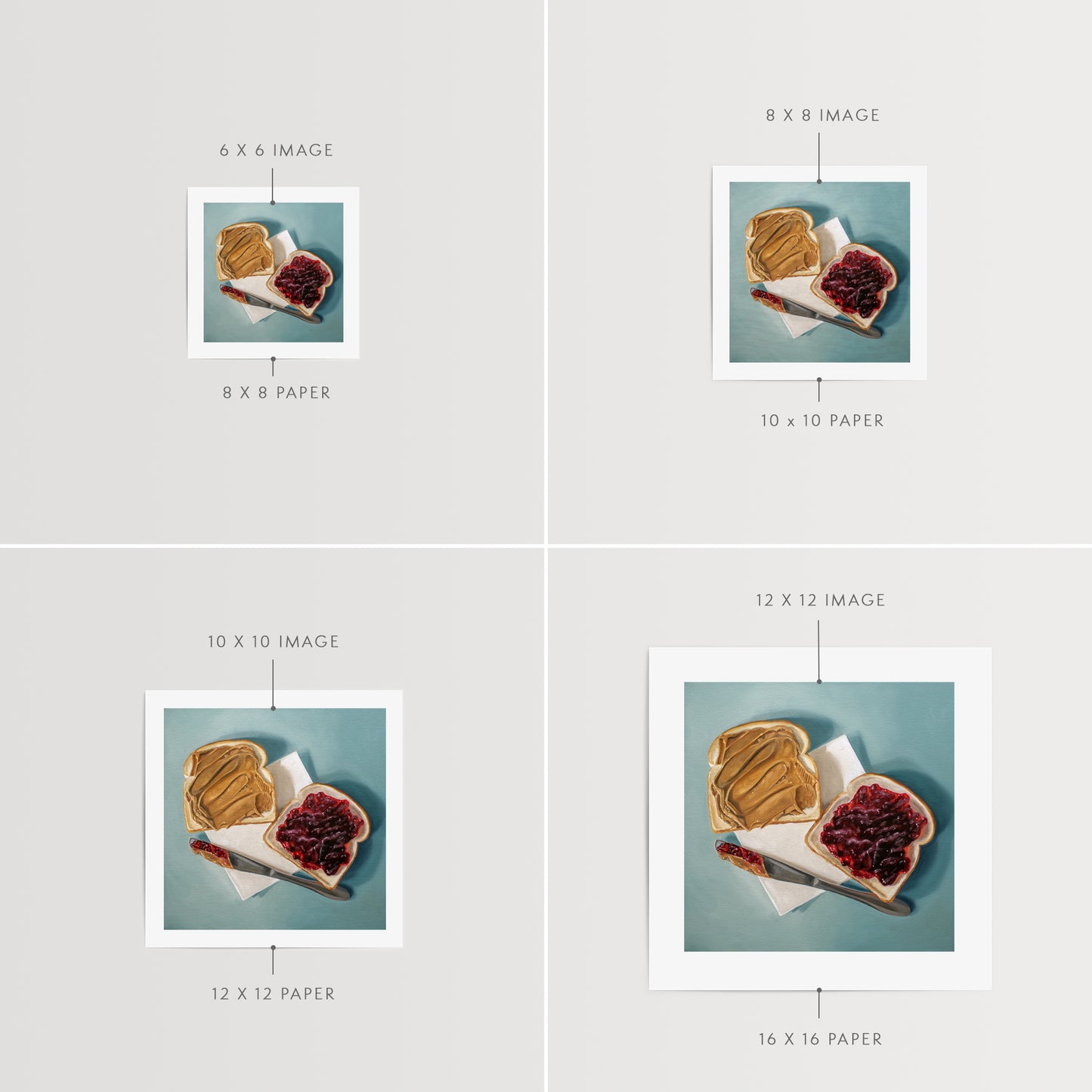 This artwork features a yet to be assembled peanut butter and jelly sandwich… the very moment just before you smoosh the two sides together.