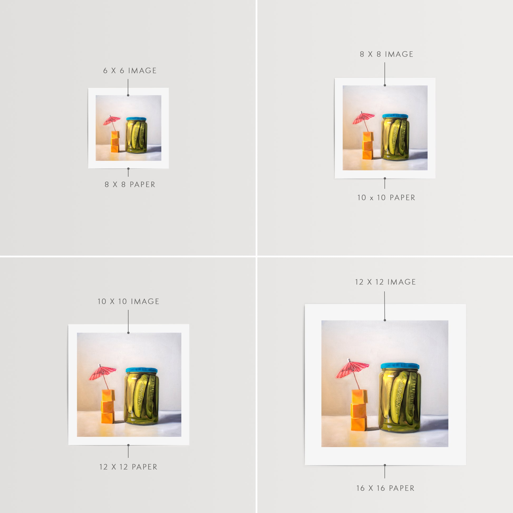 This artwork features a glass jar of pickles alongside a stack of cheese cubes relaxing under a drink umbrella.