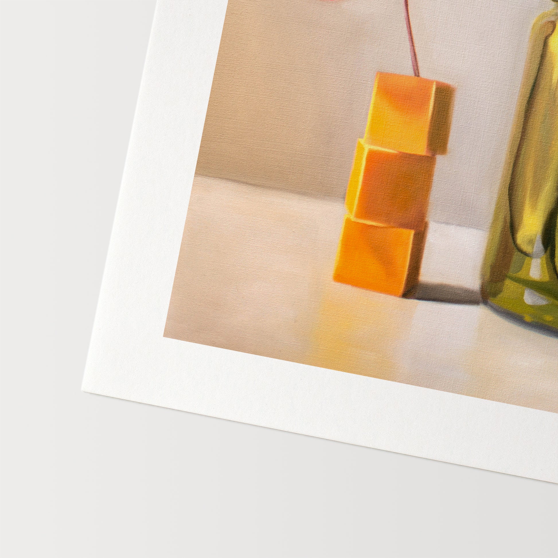This artwork features a glass jar of pickles alongside a stack of cheese cubes relaxing under a drink umbrella.
