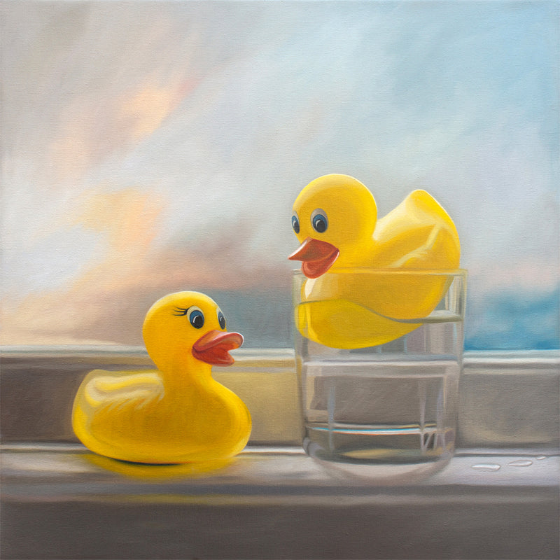 This artwork features a pair of yellow rubber duckies enjoying a swim in their pool, which in their case happens to be a glass of water!