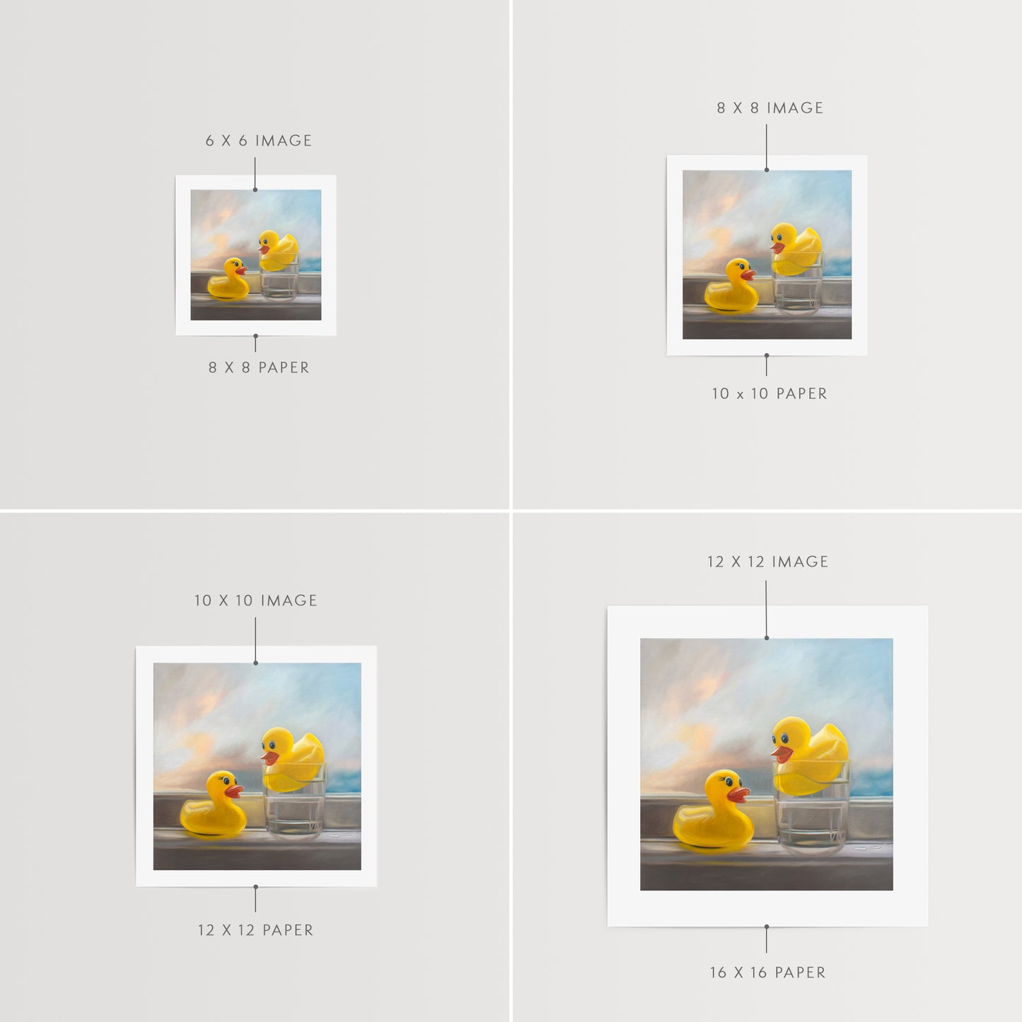 This artwork features a pair of yellow rubber duckies enjoying a swim in their pool, which in their case happens to be a glass of water!