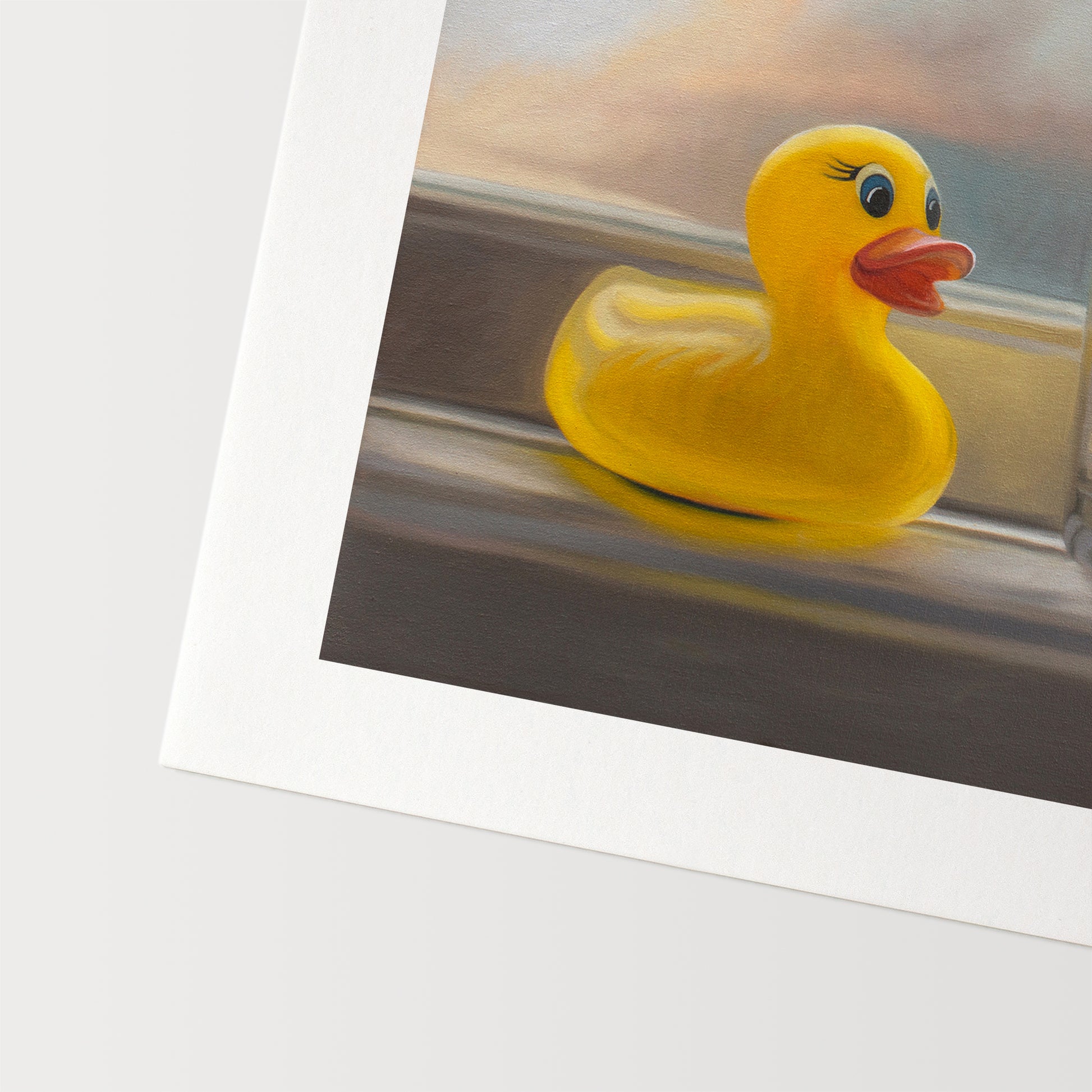 This artwork features a pair of yellow rubber duckies enjoying a swim in their pool, which in their case happens to be a glass of water!