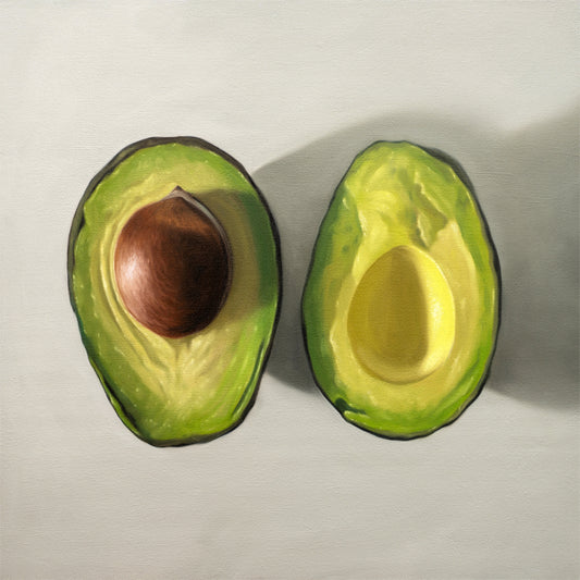 This artwork features a single avocado sliced in half and viewed from above on a light surface.