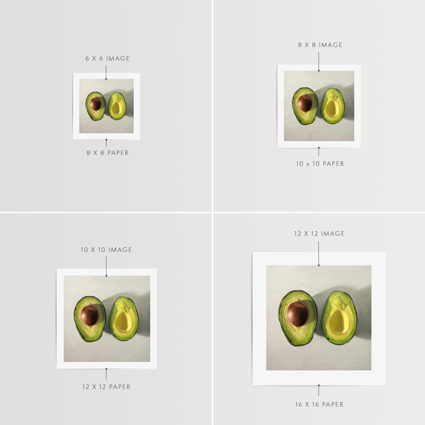 This artwork features a single avocado sliced in half and viewed from above on a light surface.