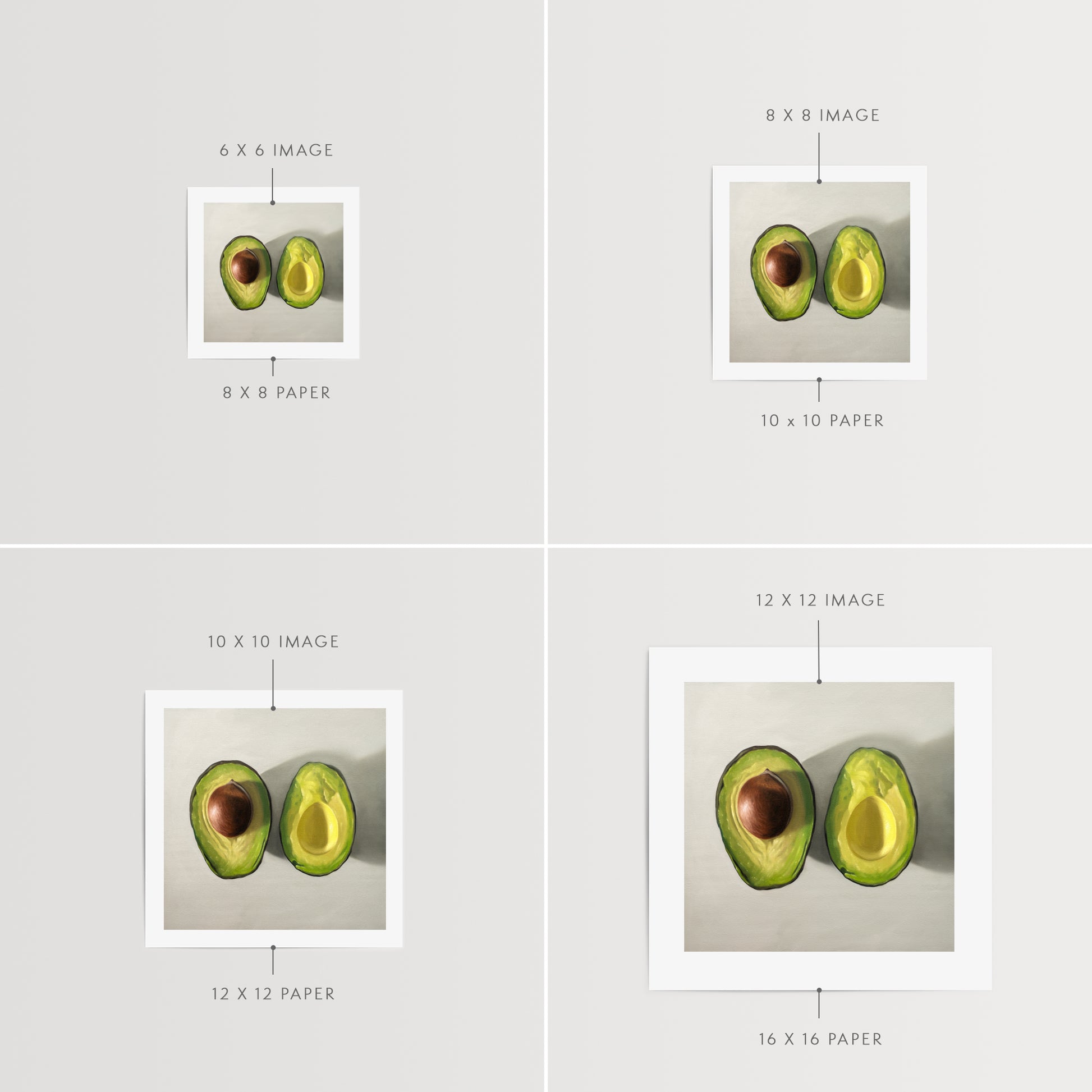 This artwork features a single avocado sliced in half and viewed from above on a light surface.