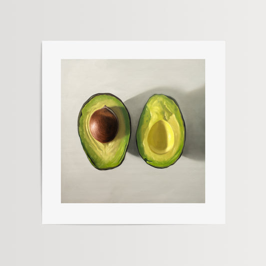 This artwork features a single avocado sliced in half and viewed from above on a light surface.