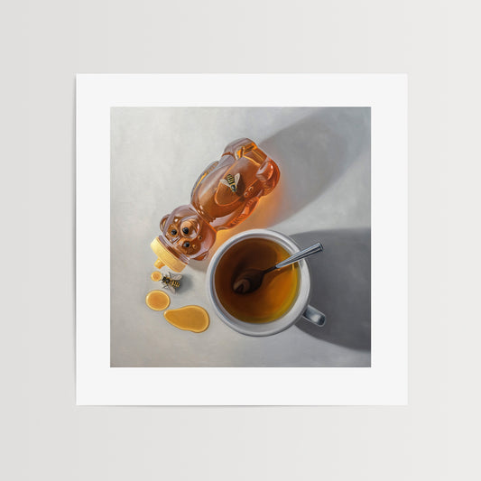 This artwork features a pair of honey bees inspecting a tipped honey bear bottle resting next to a cup of tea.