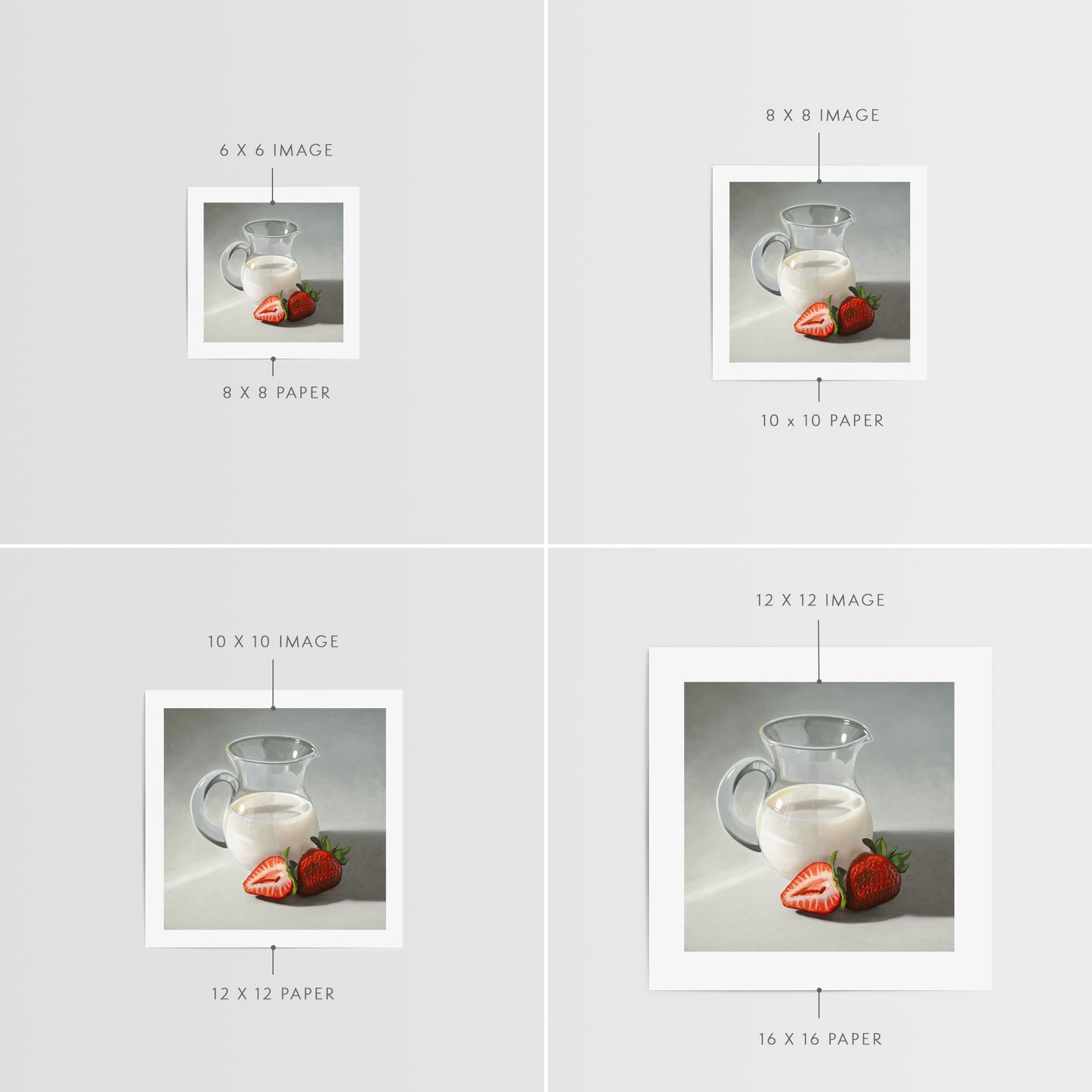 This artwork features two strawberries situated beside a glass pitcher of cream.