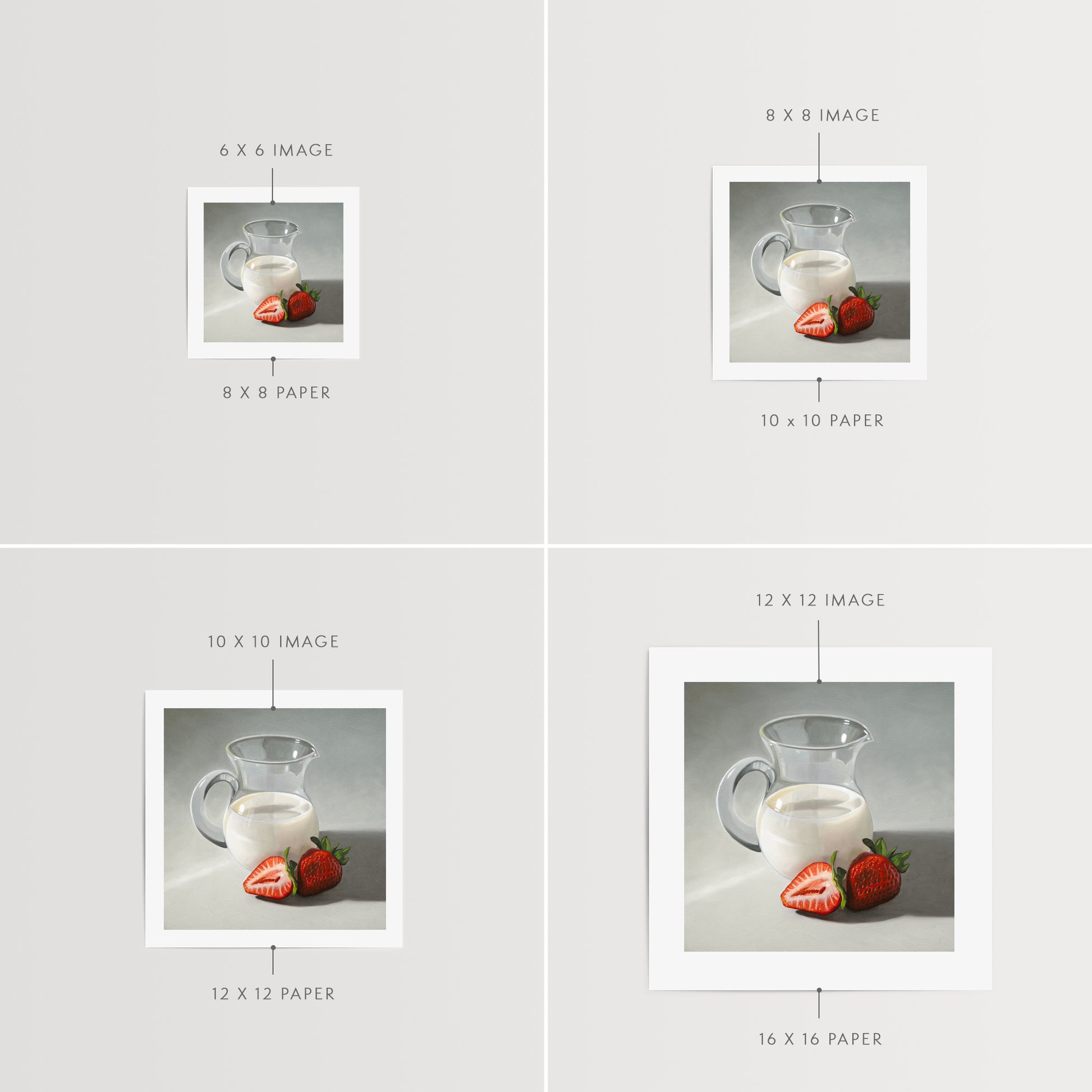 This artwork features two strawberries situated beside a glass pitcher of cream.
