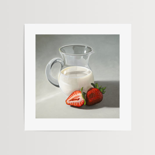 This artwork features two strawberries situated beside a glass pitcher of cream.