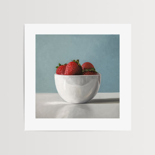 This artwork features a white porcelain cup filled with plump strawberries.