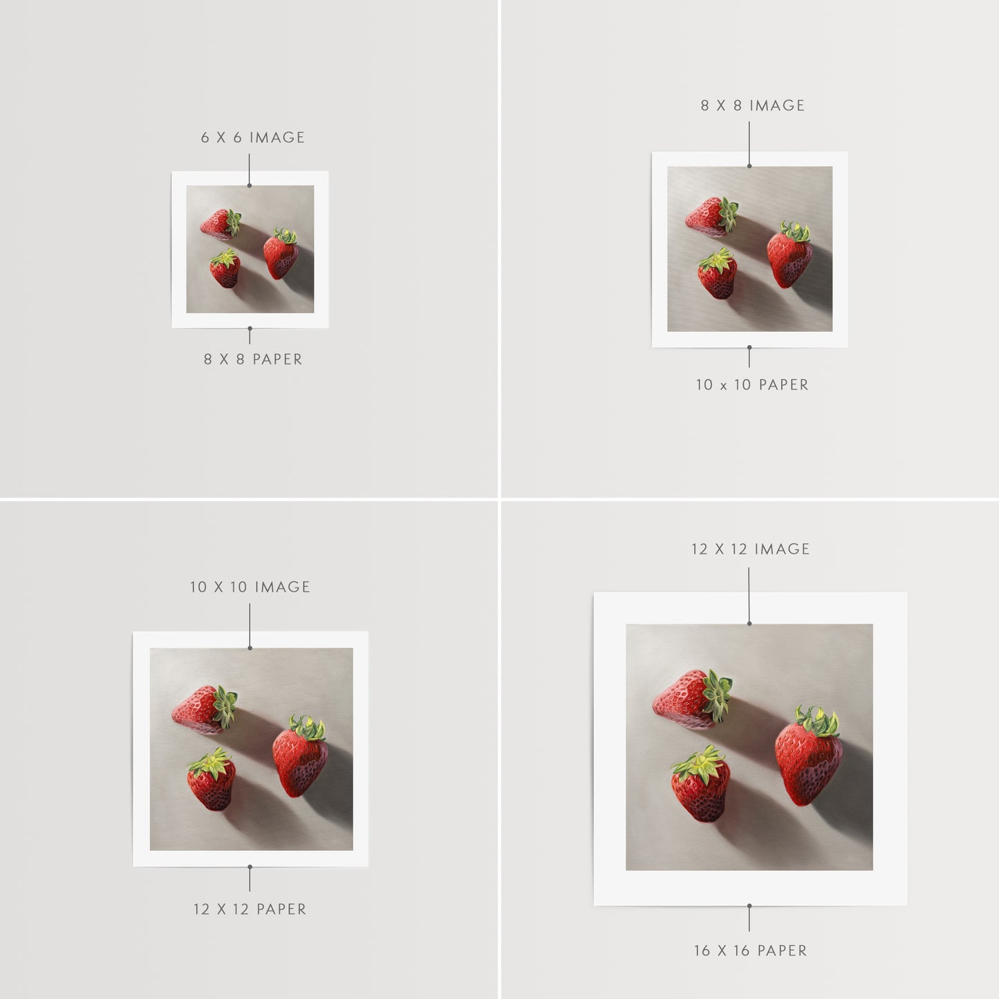 This artwork features a trio of bright red strawberries resting on a neutral grey surface with dramatic light and shadows.