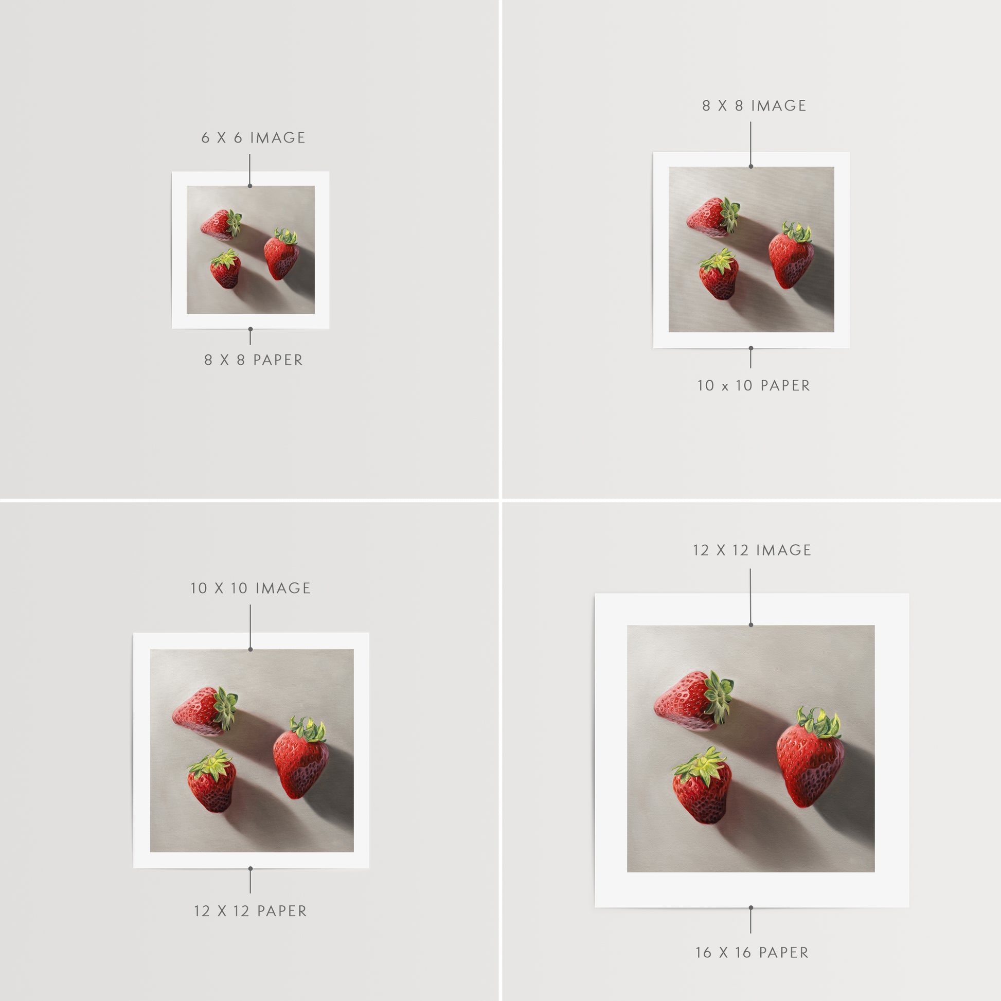 This artwork features a trio of bright red strawberries resting on a neutral grey surface with dramatic light and shadows.