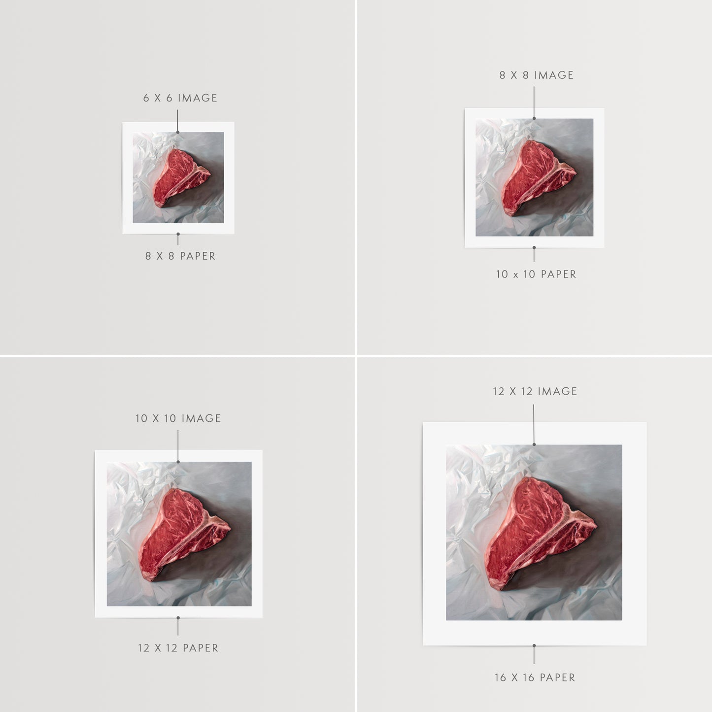 This artwork features a fresh t-bone resting upon a crinkled white wax paper sheet.