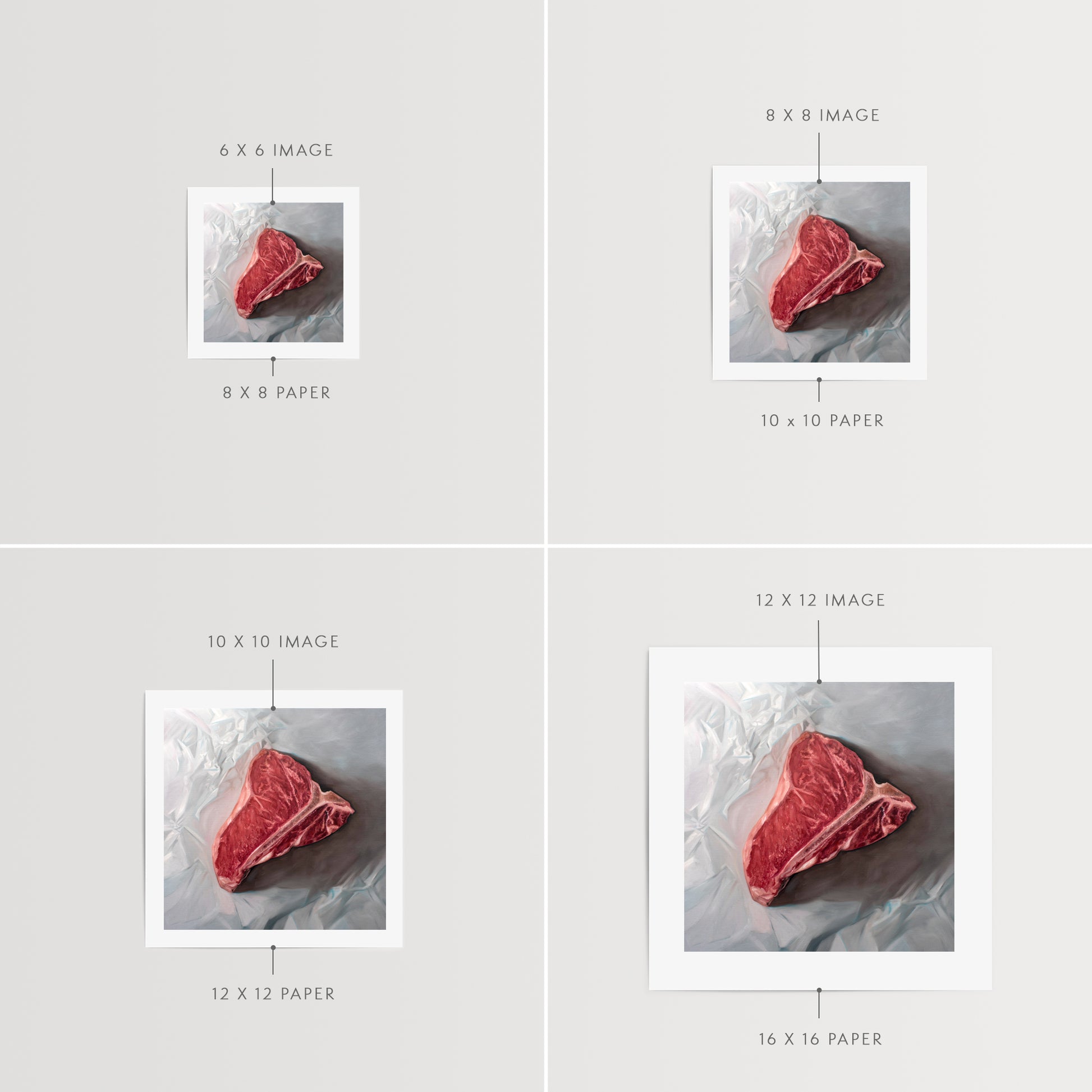 This artwork features a fresh t-bone resting upon a crinkled white wax paper sheet.