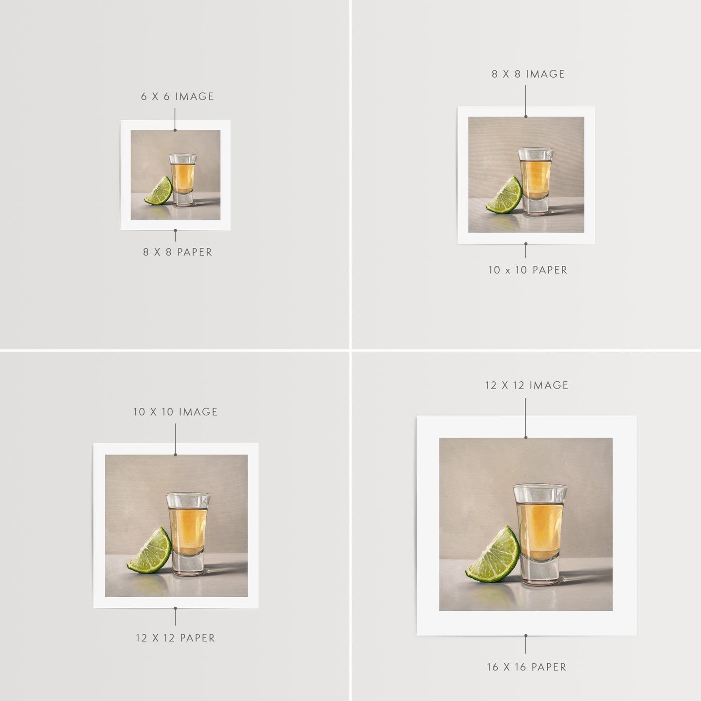 This artwork features a freshly sliced lime leaning on a golden shot of tequila.