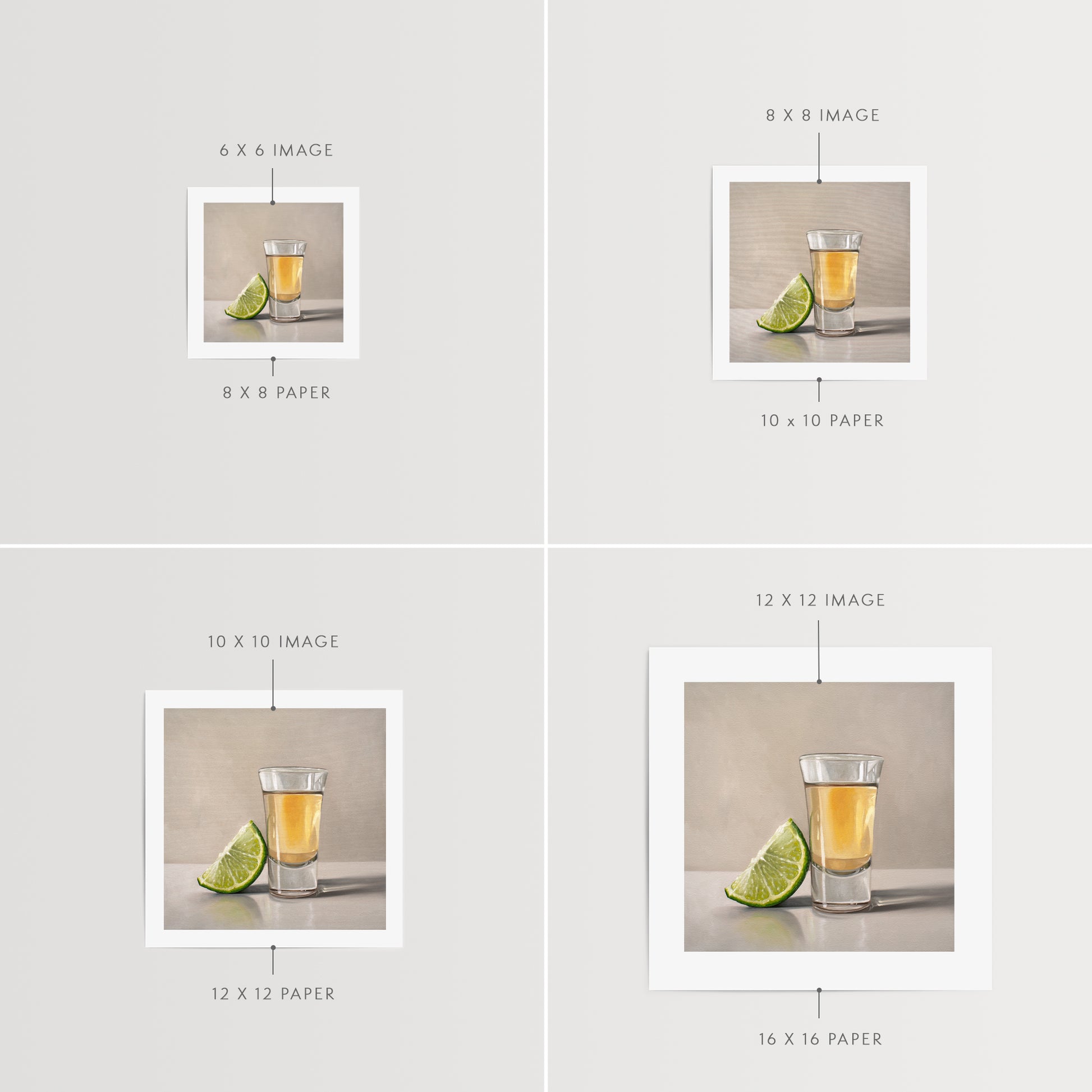 This artwork features a freshly sliced lime leaning on a golden shot of tequila.