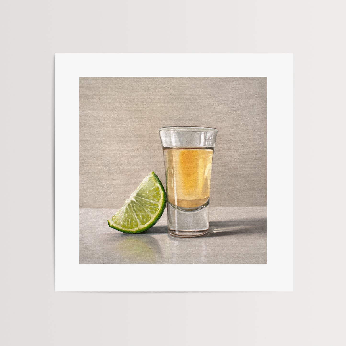 This artwork features a freshly sliced lime leaning on a golden shot of tequila.