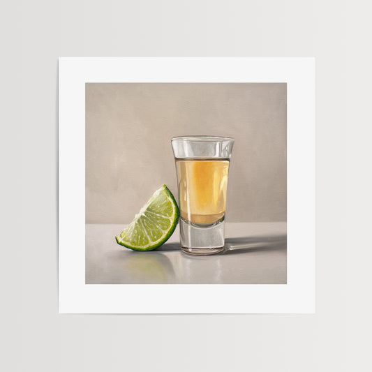 This artwork features a freshly sliced lime leaning on a golden shot of tequila.