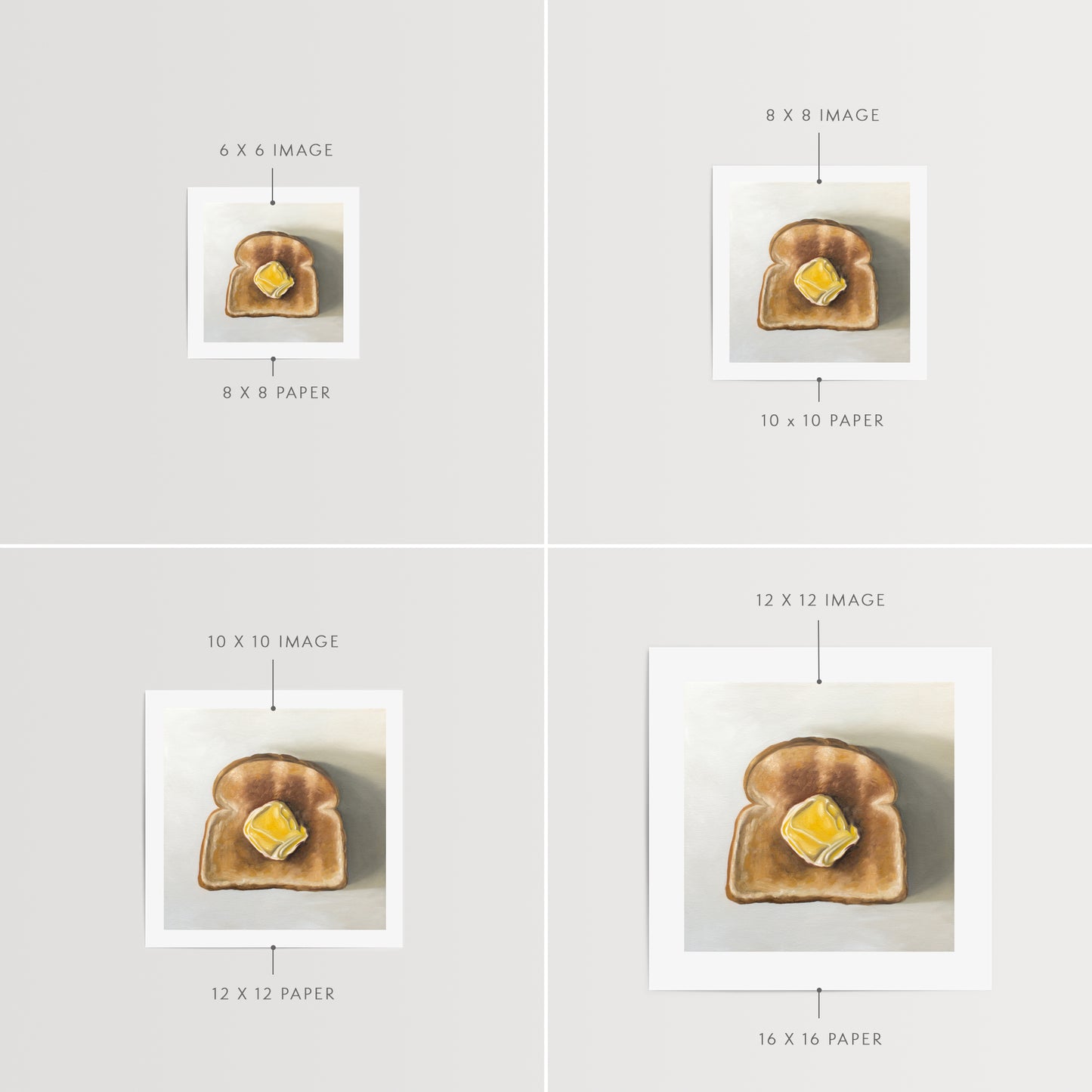 This artwork features a piece of freshly toasted bread with a nice dollop of butter.
