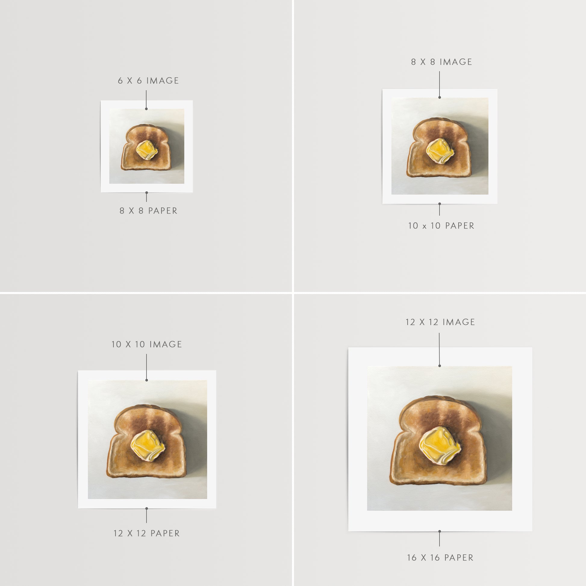 This artwork features a piece of freshly toasted bread with a nice dollop of butter.