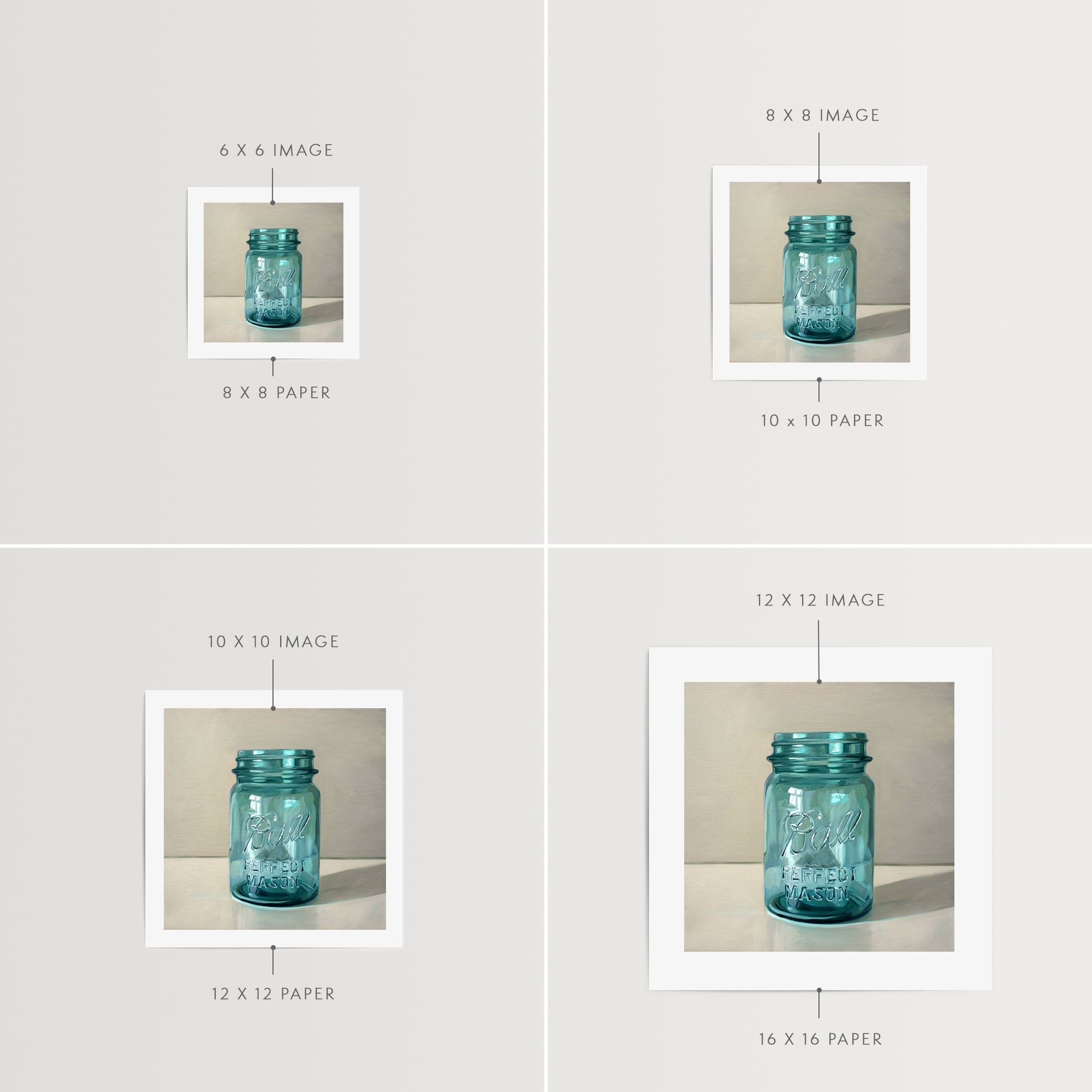 This artwork features a classic vintage blue glass jar on a light reflective surface.