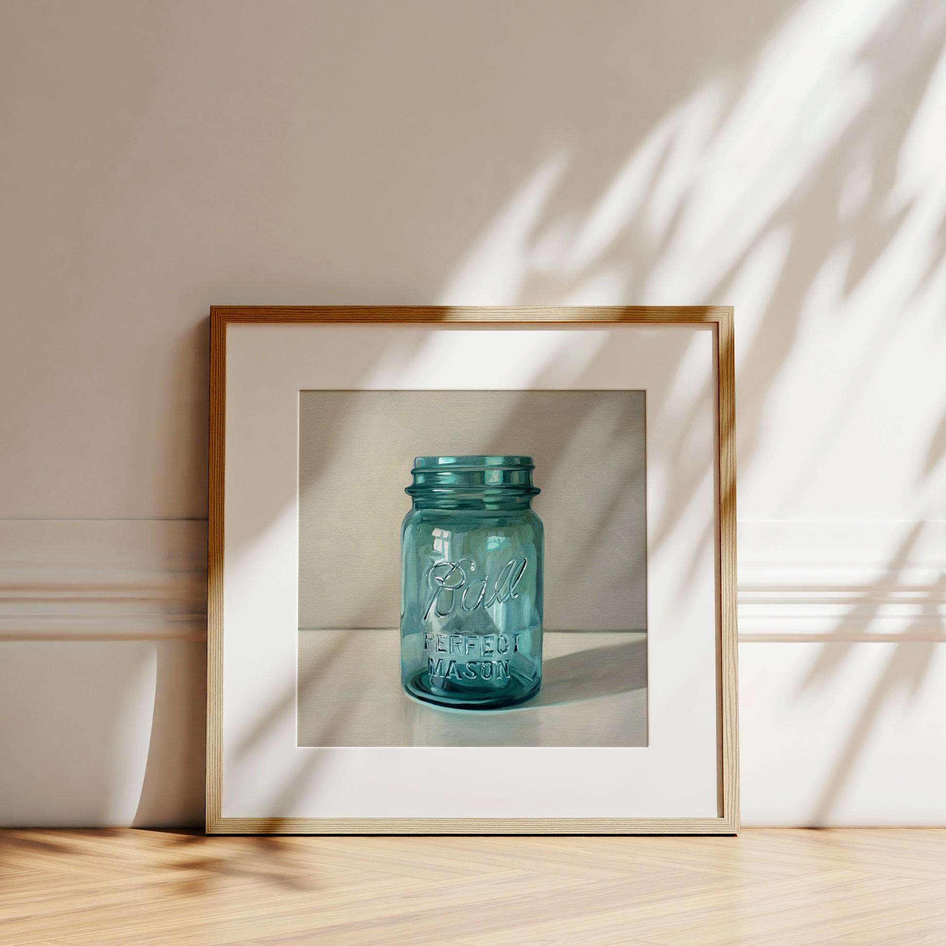This artwork features a classic vintage blue glass jar on a light reflective surface.